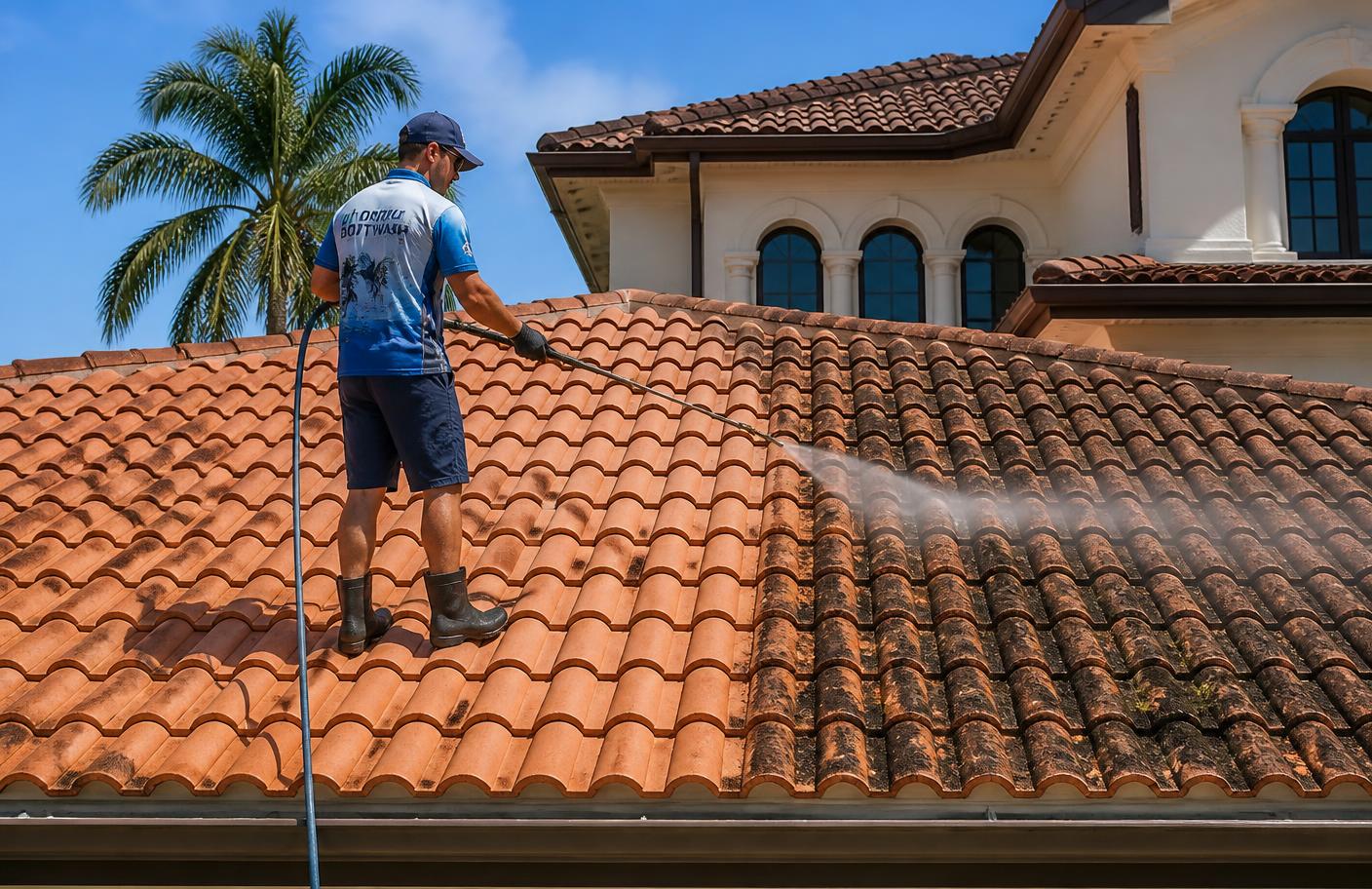 Technician applying a low-pressure cleaning solution to a home exterior